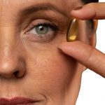 Portrait of senior woman with fish oil pill for skincare